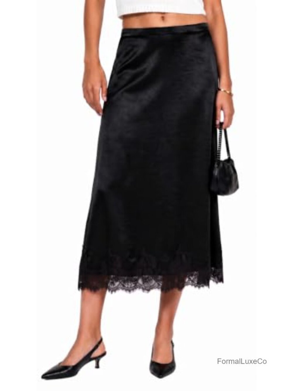 Satin Lace Trim Midi Skirt Elastic Waist A-Line with Pockets